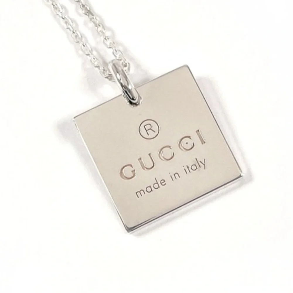 GUCCI Square Plate Pendant Necklace, Sterling Silver, 18 Inch chain - Picture 3 of 4